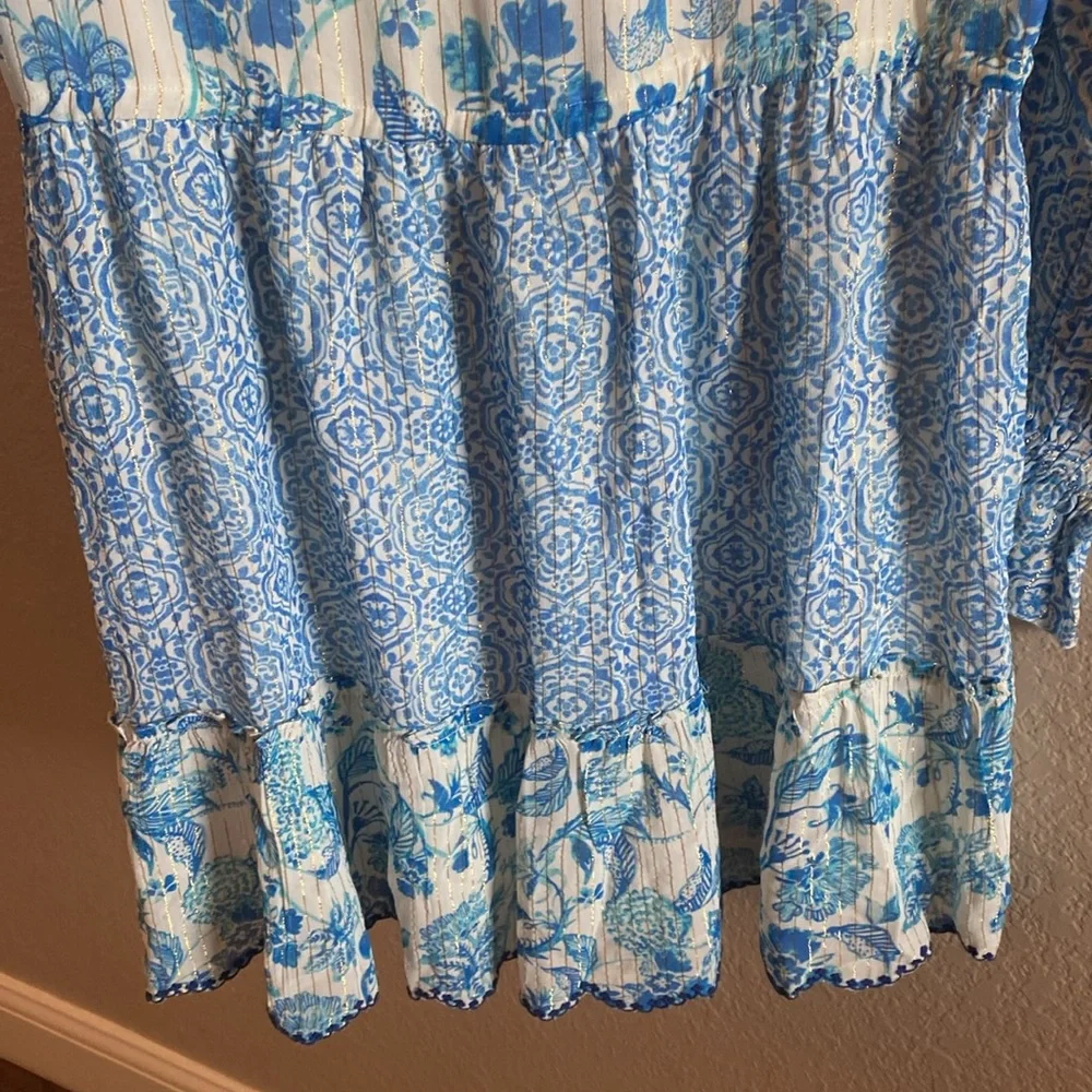 HEMANT & NANDITA Blue and White Ruffled Tiered Dress/NWT - Picture 11 of 12